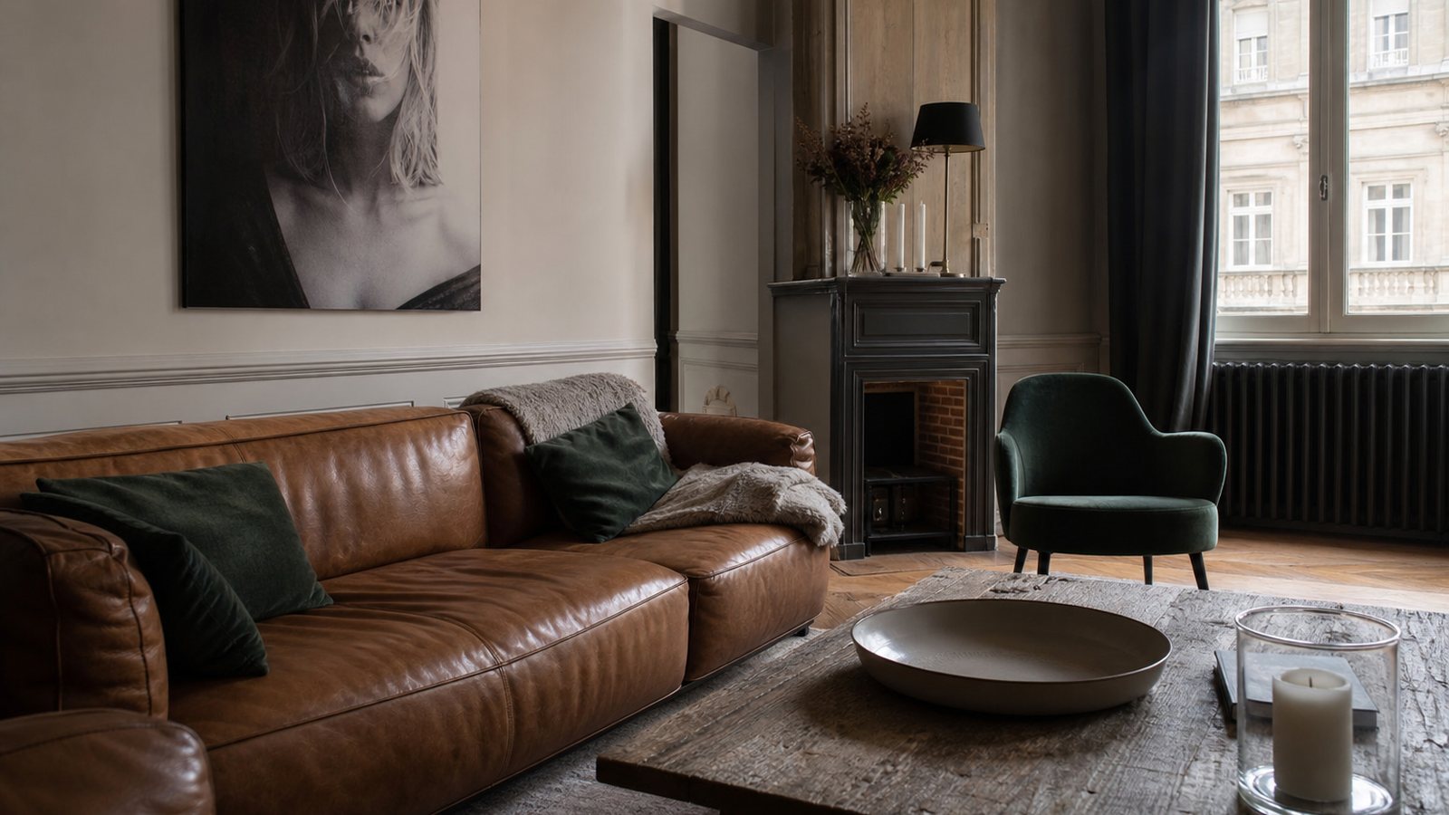Canapé en cuir cognac entouré d'un tapis en laine, de coussins en lin et de bois