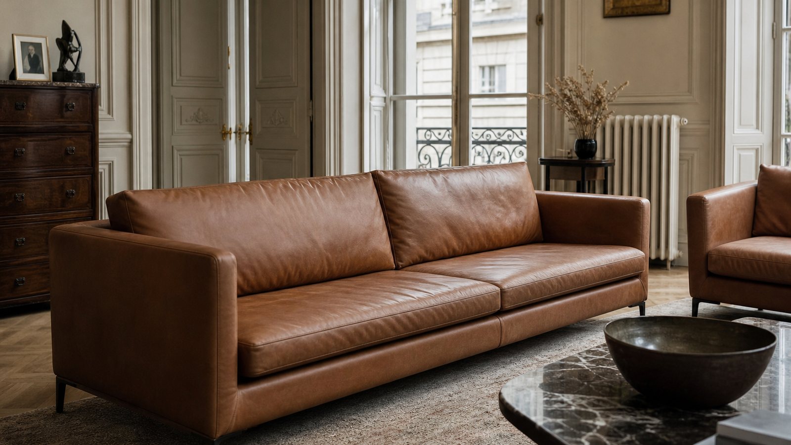Plan de canapé sur mesure avec relevé de dimensions et échantillons de cuir sur une table