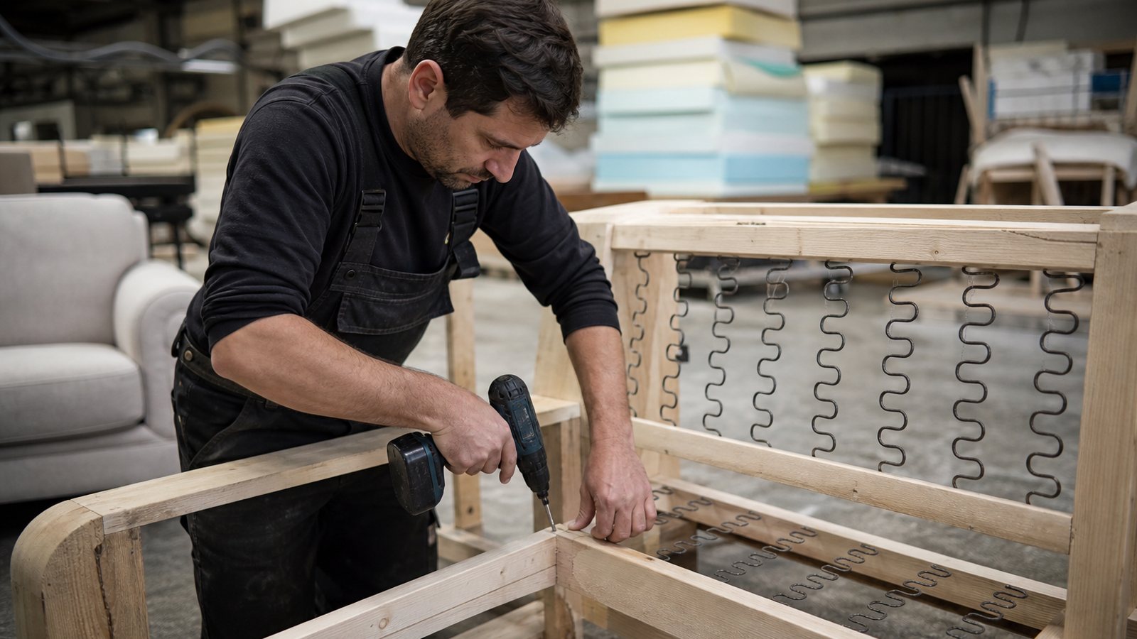 Ossature en hêtre massif et ressorts ensachés d'un canapé visibles en cours de fabrication