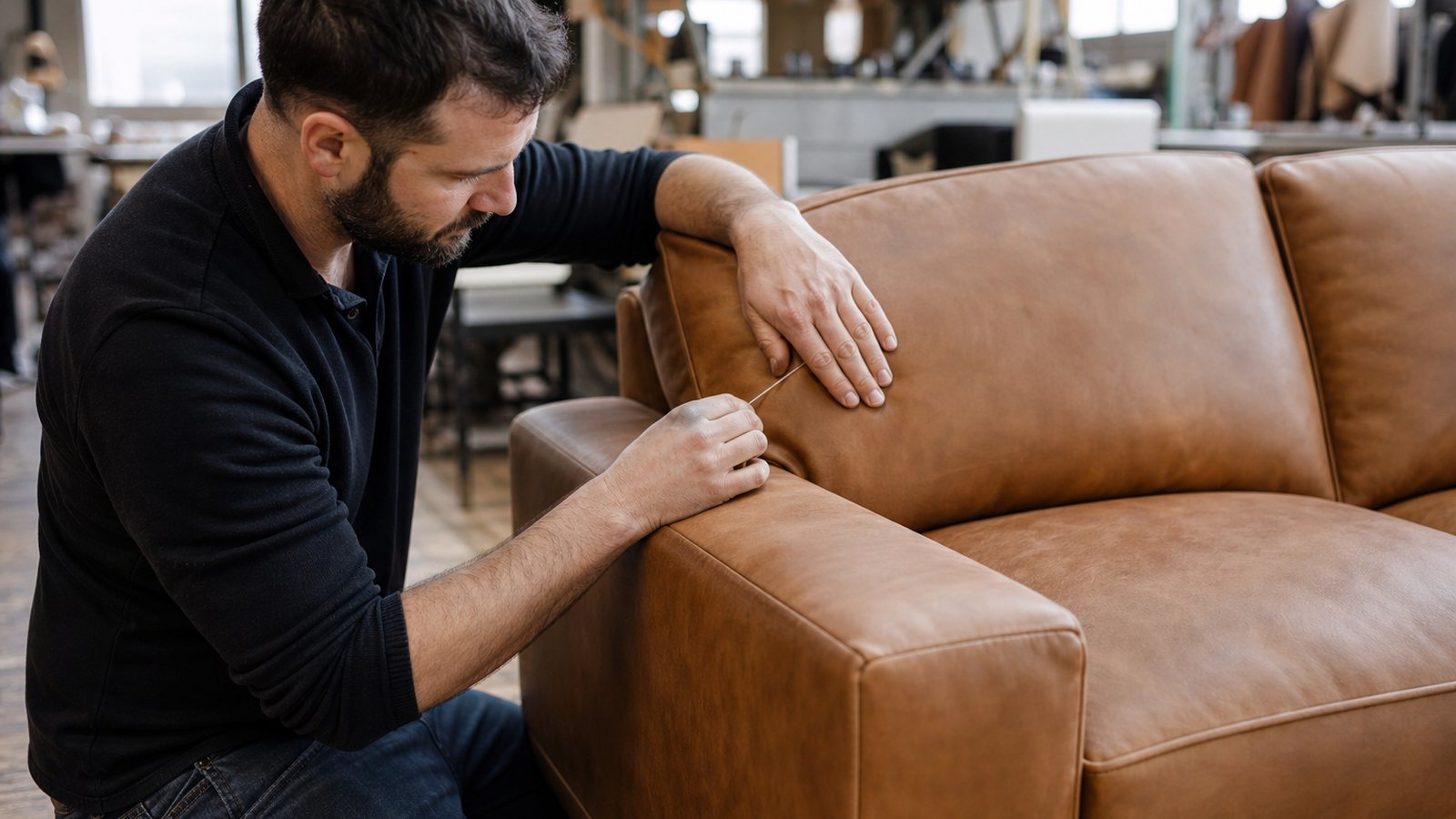 Artisan tapissier tendant le cuir sur la structure d'un canapé dans un atelier
