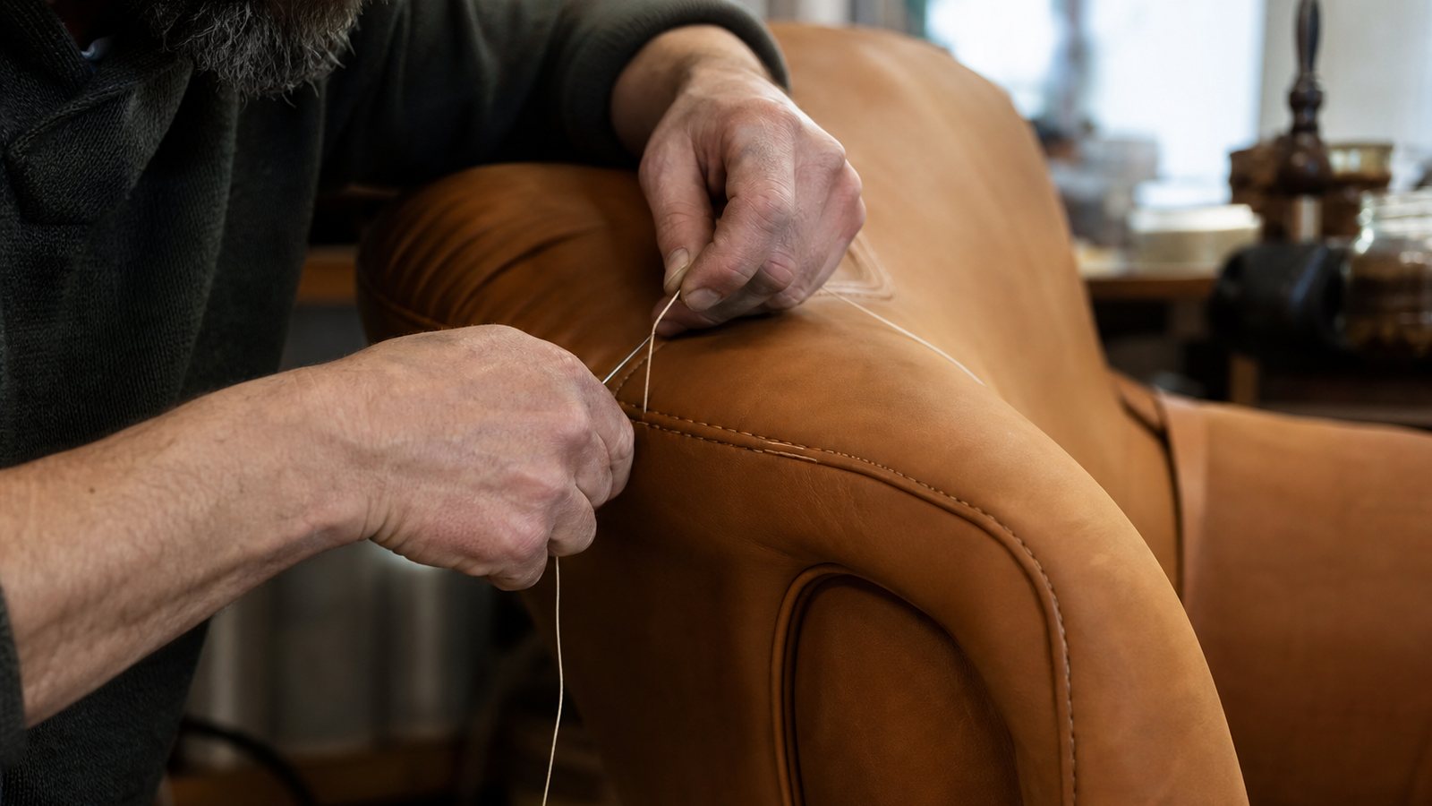 Mains d'un artisan cousant l'accoudoir en cuir italien d'un canapé haut de gamme